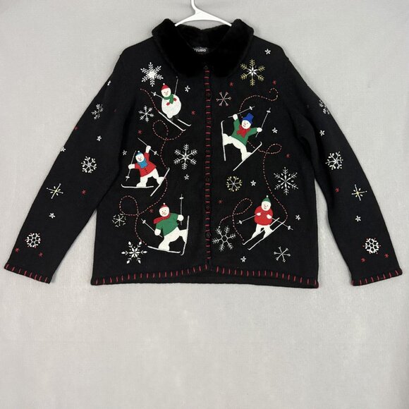 Designers Originals Studio JOY Cardigan Sweater Womens Large Black Xmas Snowmen - Picture 1 of 14